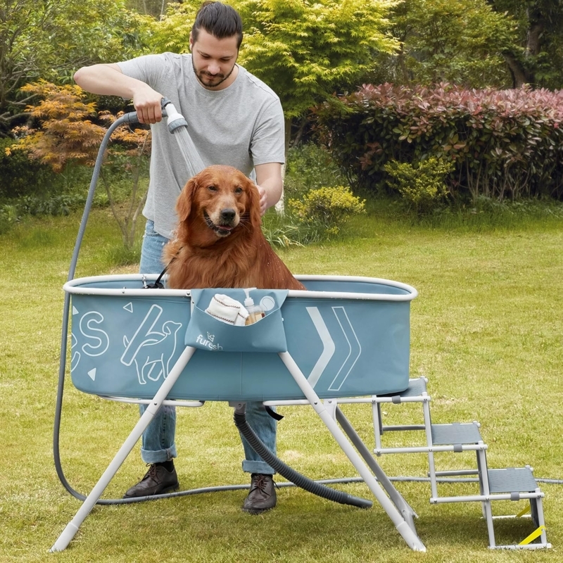 Elevated Portable Dog Bath Tub with Stairs for Large Dogs