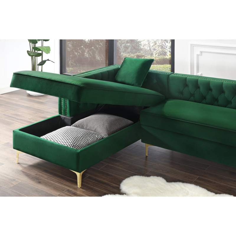 Emerald Green Velvet Chaise Sectional Sofa with Storage
