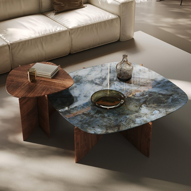 Eureka Walnut and Blue Jade Marble Coffee Table Set