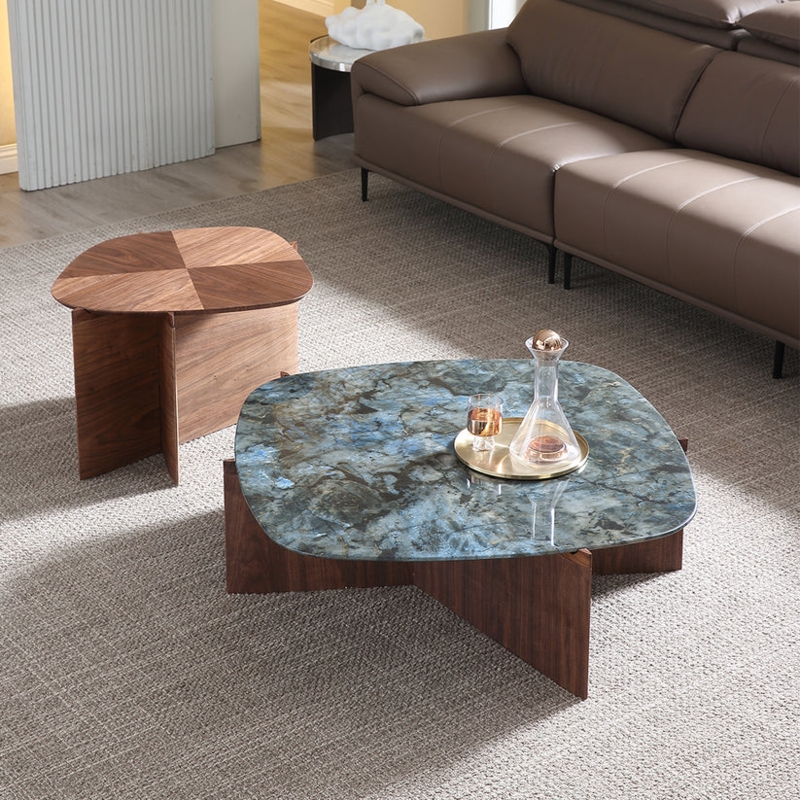 Eureka Walnut and Blue Jade Marble Coffee Table Set