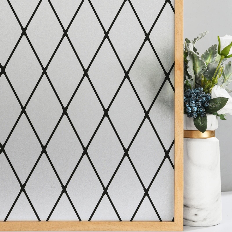 Frosted Black Lattice Window Film with Wooden Frame