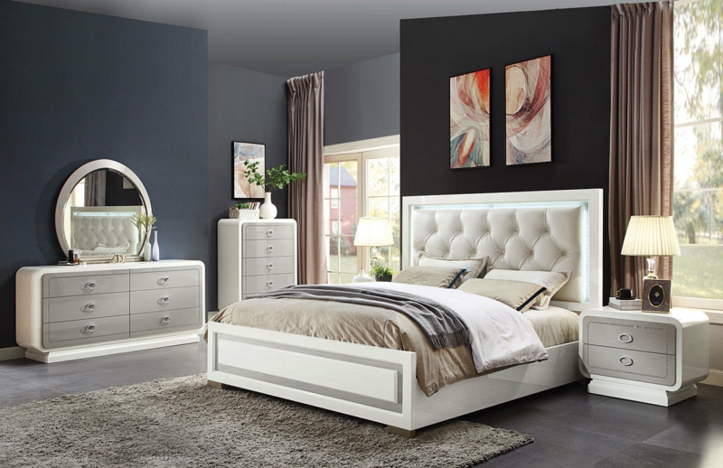 Glossy Off White Modern Bedroom Furniture Set