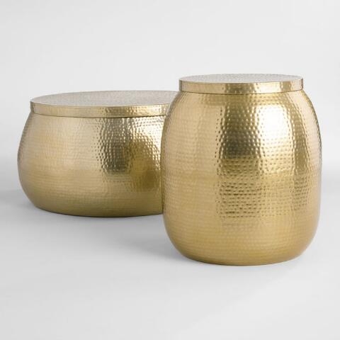 Gold Hammered Metal Drum Cala Storage Accent Table | Hammered coffee ...
