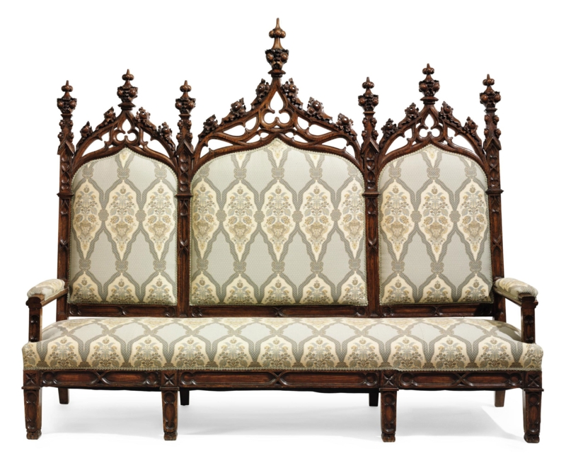 Gothic Revival Carved Oak Triple-Back Hall Settee