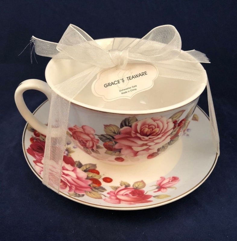 Grace's Teaware Porcelain Cup and Saucer with Pink Roses