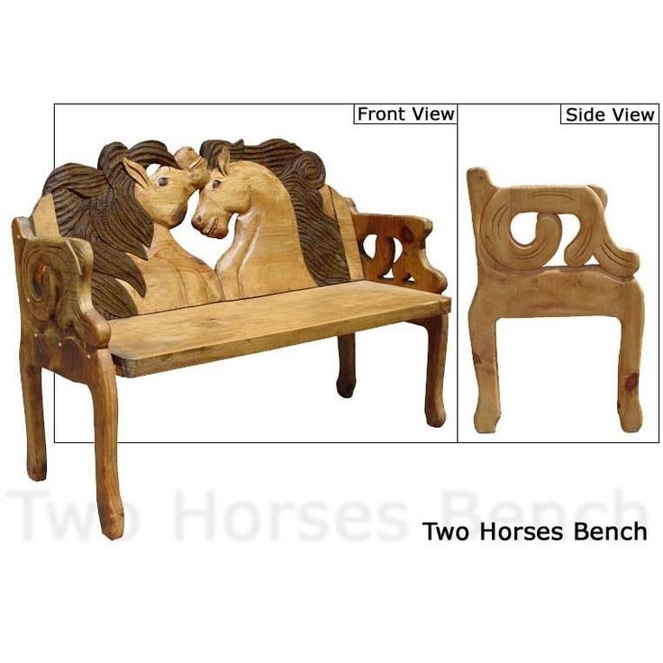 Hand-Carved Two Horses Wooden Bench for Equestrian Decor