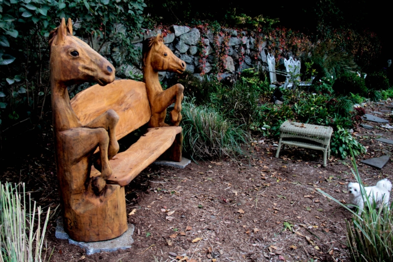 Hand-Carved Wooden Horse Bench for Garden
