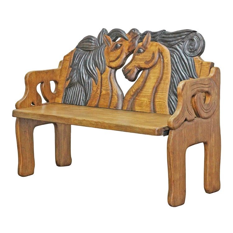 Hand-Carved Wooden Two Horse Bench Design