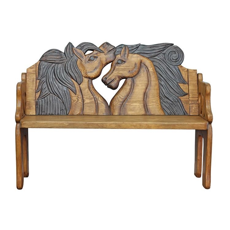 Hand-Carved Wooden Two Horse Double Bench