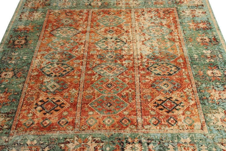 Hand-Knotted Geometric Pattern Rug with Orange and Green