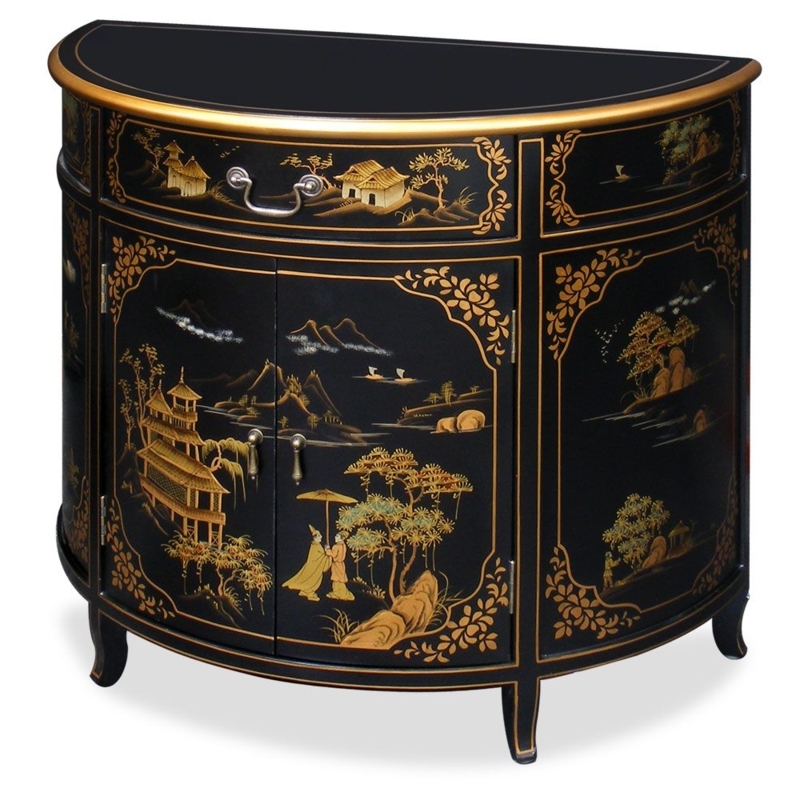 Hand-Painted Black and Gold Chinoiserie Half Moon Cabinet