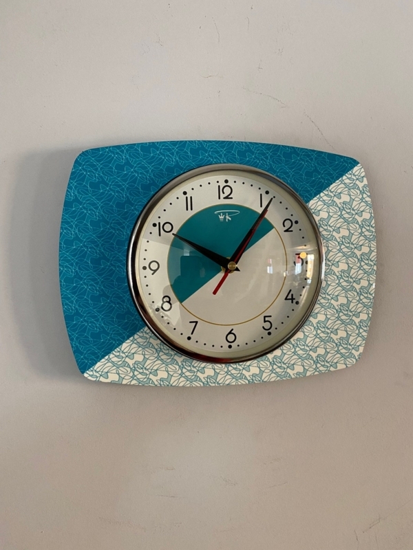 Handmade Mid Century Turquoise and White Wall Clock