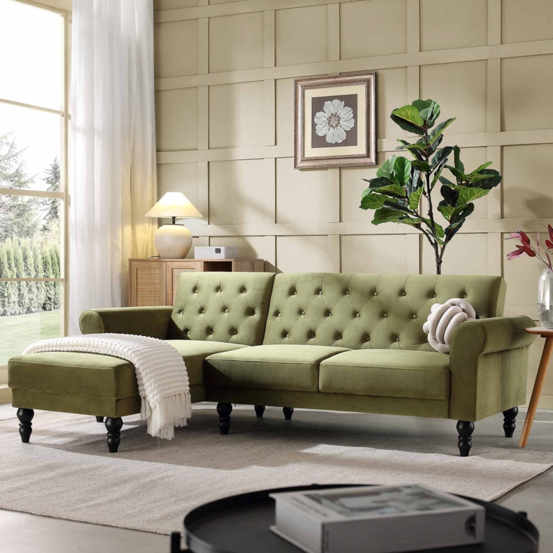 Hanney Chesterfield Moss Green Velvet Chaise Sofa Bed