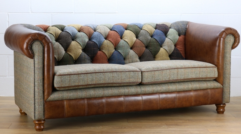 Harris Tweed Patchwork Chesterfield Sofa in Medium Brown