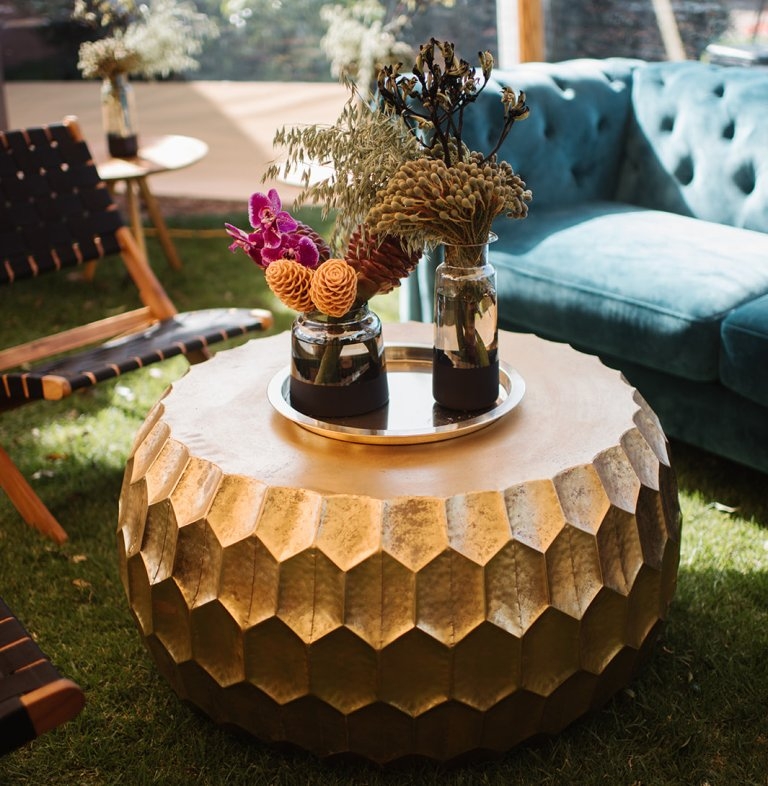 Hexagonal Gold Drum Coffee Table with Floral Accents