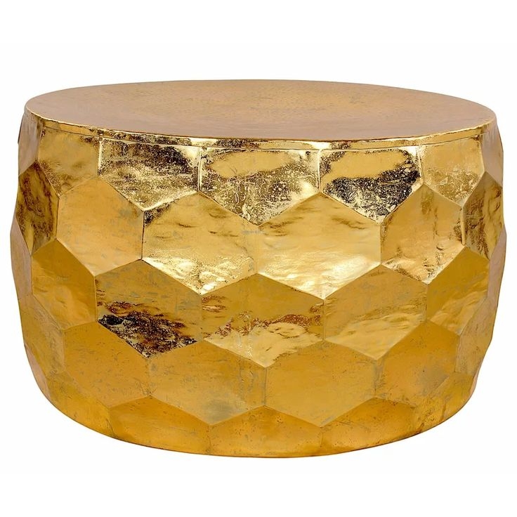 Hexagonal Patterned Gold Metal Drum Coffee Table