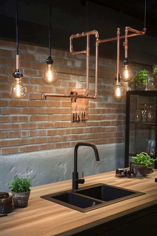 Industrial Kitchen Counter Lighting with Exposed Bulbs
