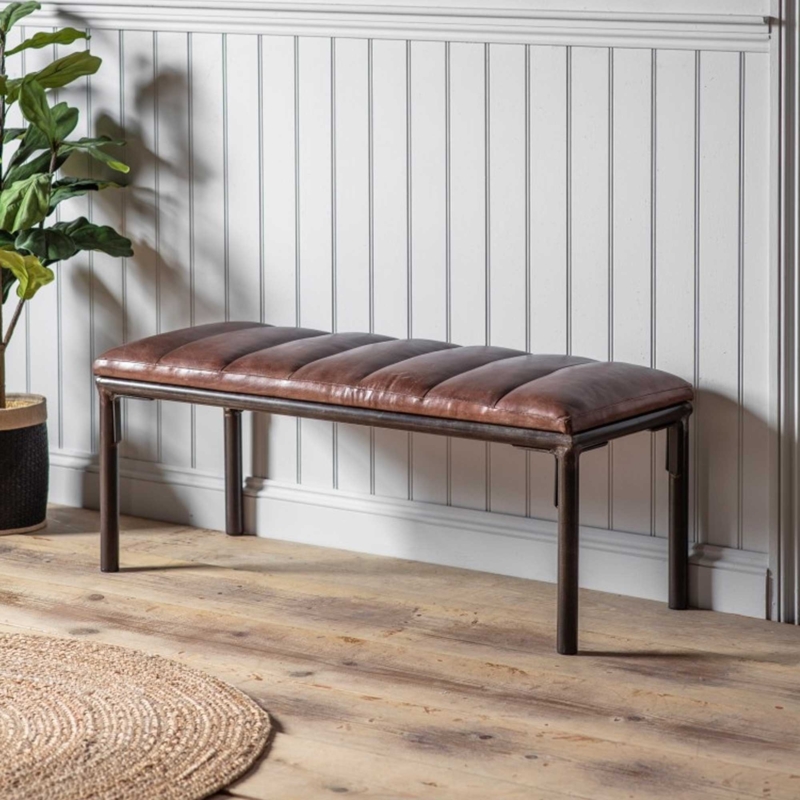 Industrial Leather Bench with Metal Frame Design