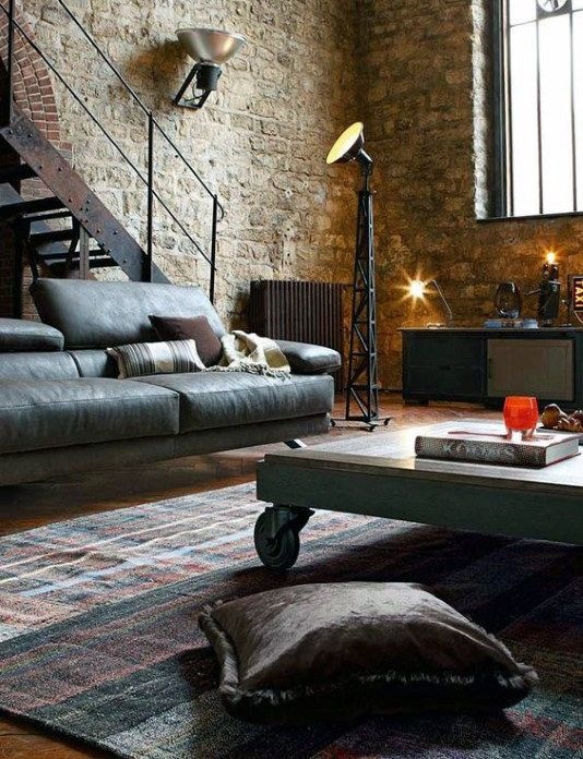 Industrial Living Room with Masculine Rug and Leather Sofa