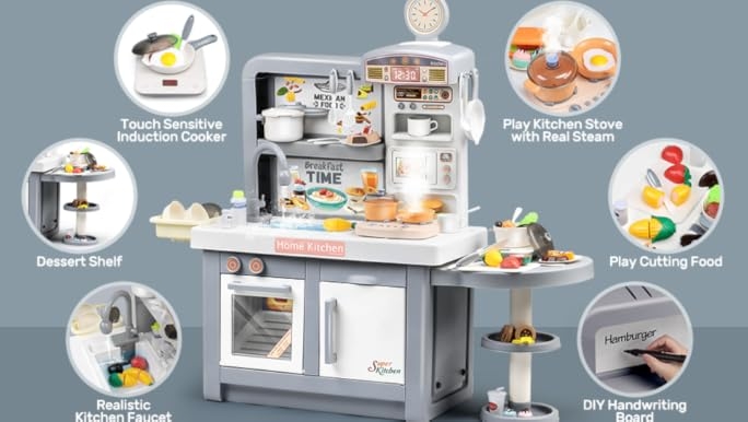 Interactive Wooden Kid's Play Kitchen Set with Accessories
