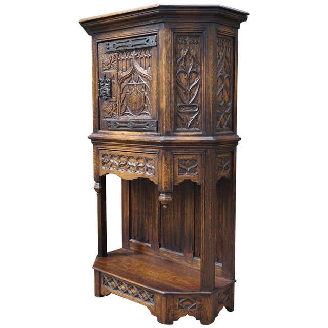 Intricately Carved Gothic Revival Oak Cabinet