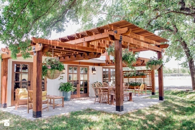L-Shaped Wooden Pergola Attached to House Patio