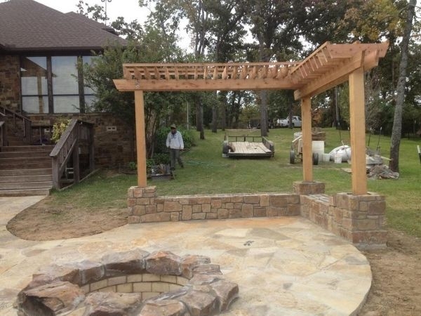L Shaped Wooden Pergola with Stone Foundation