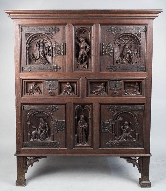 Large Gothic Revival Carved Wood Cabinet