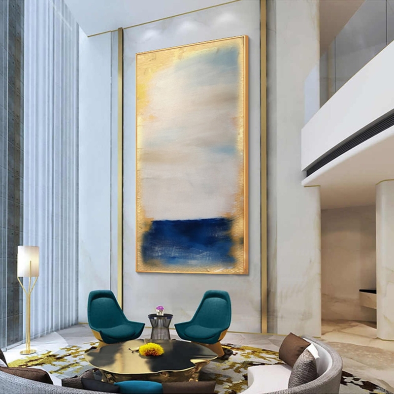 Large Vertical Blue Abstract Painting in Modern Living Room