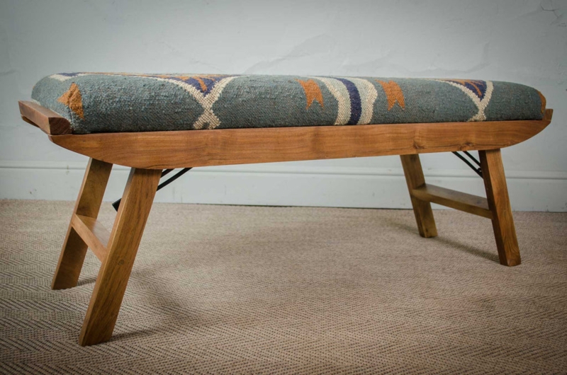 Large Wooden Kilim Bench with Patterned Cushion
