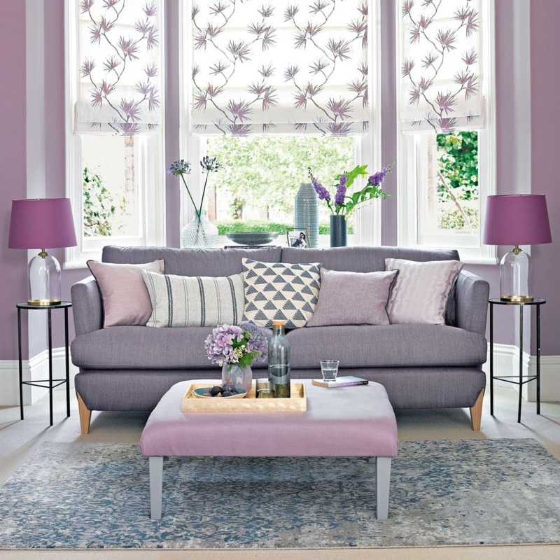Lilac Living Room with Grey Sofa and Floral Blinds