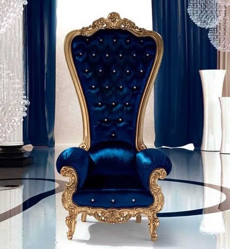 Luxurious Blue Velvet King Throne Chair with Gold Detailing