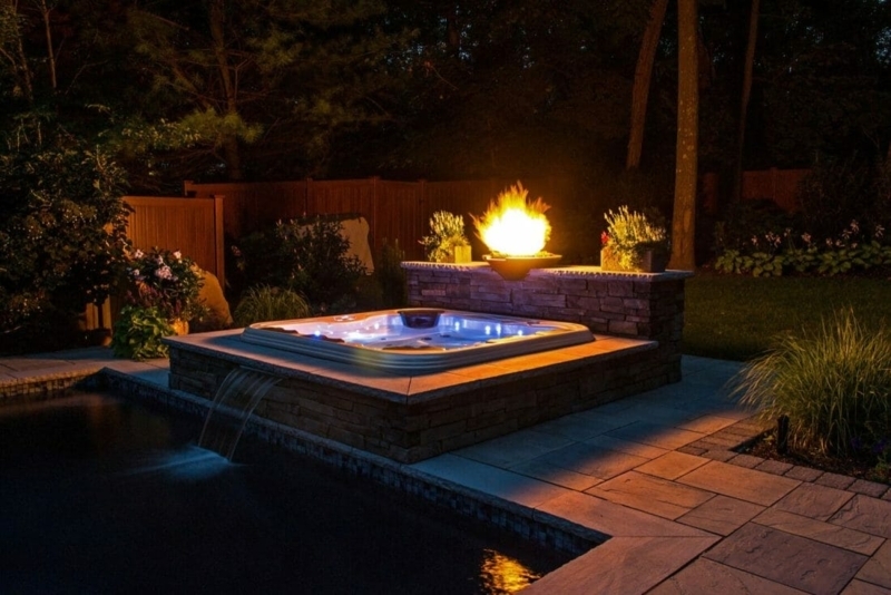 Luxurious Nighttime Hot Tub with Fire Feature