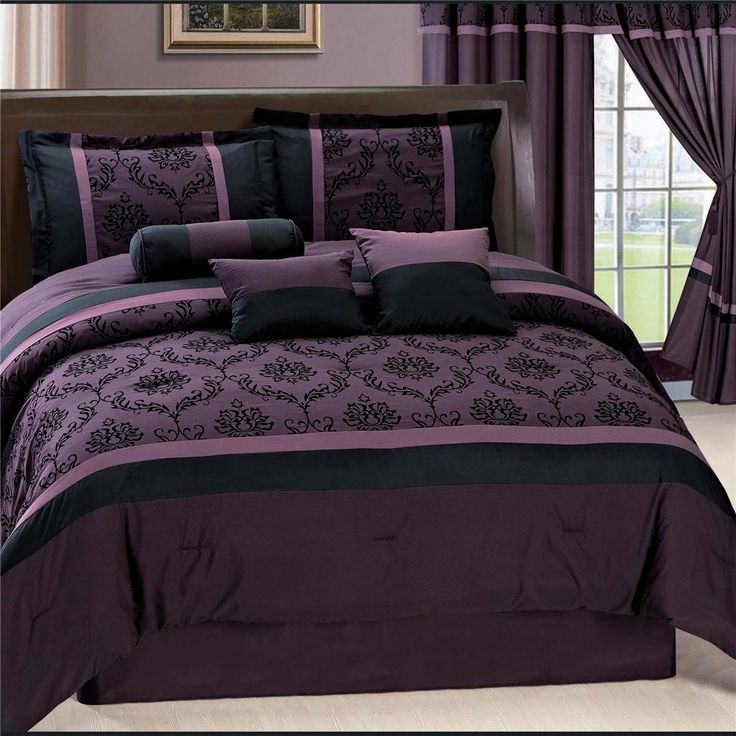 Luxurious Purple Laviano Flocking Comforter and Curtains Set