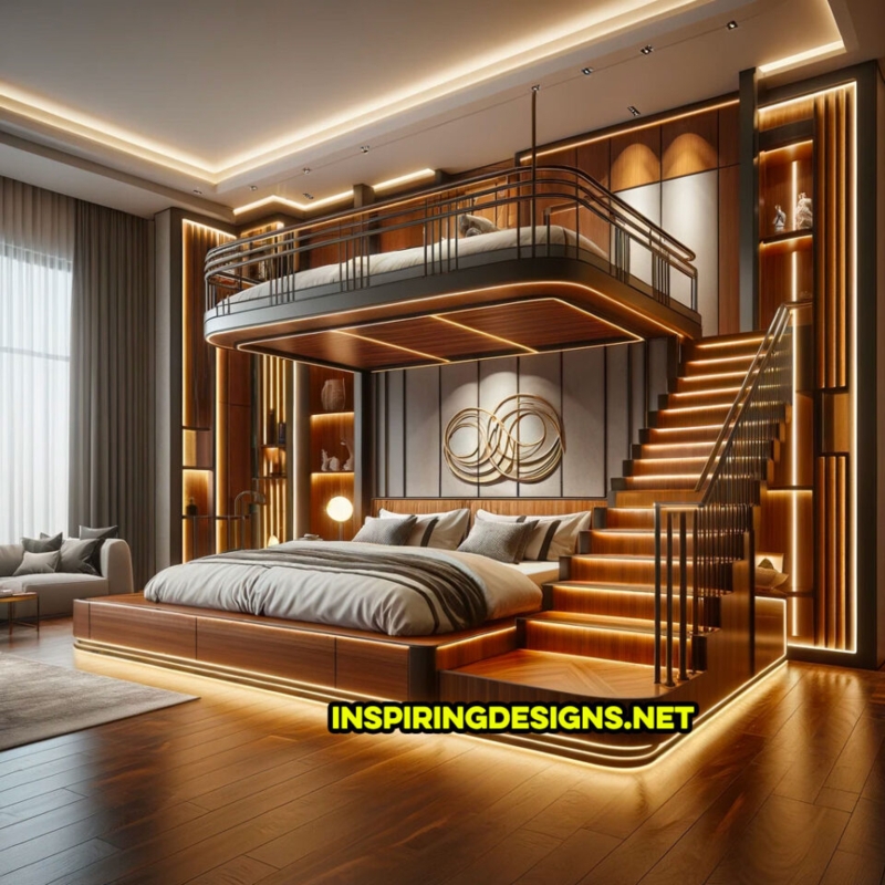 Luxury Contemporary Bunk Bed with LED Staircase Lighting