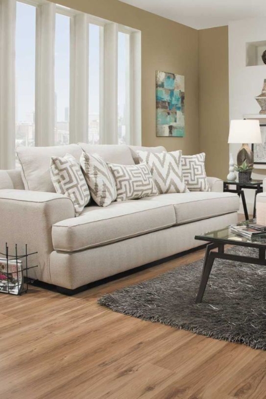 Mallory Oatmeal Sofa with Patterned Cushions in Cozy Living Room