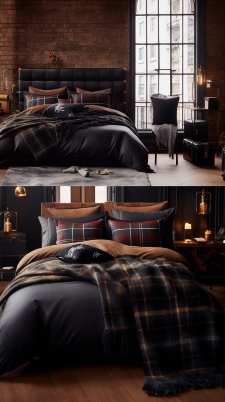 Masculine Bedroom with Dark Plaid Bedding Sets