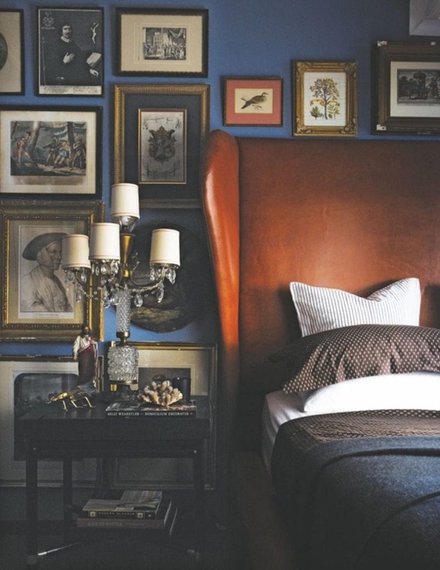 Masculine Bedroom with Leather Headboard and Gallery Wall