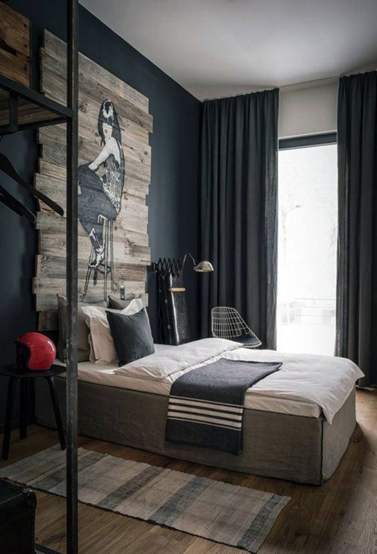 Masculine Bedroom with Rustic Wooden Pallet Art