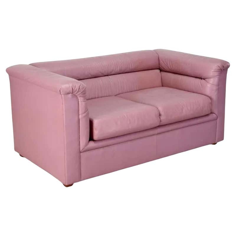Mauve Leather Loveseat with Antique Brass Accents