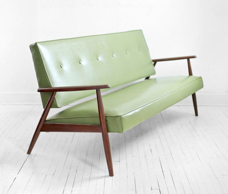 Mid Century Modern Green Leather Sofa with Wooden Frame