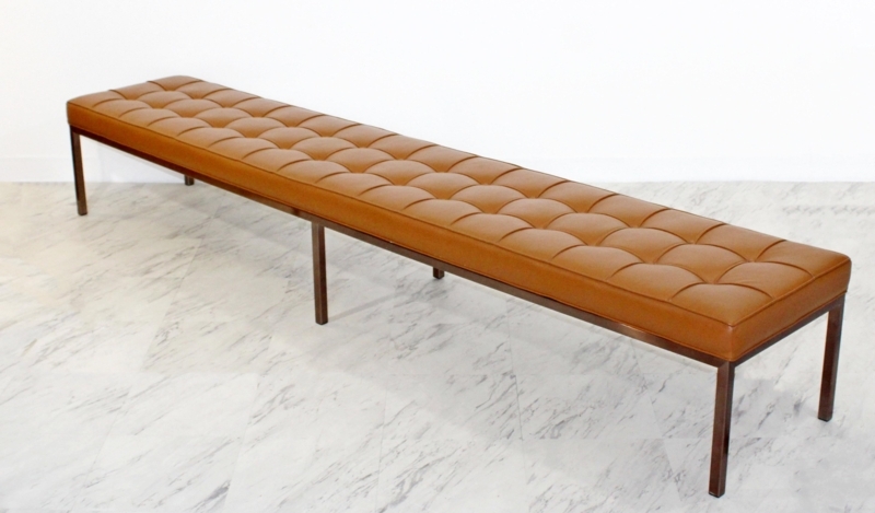 Mid-Century Modern Tufted Leather Bench with Bronze Legs