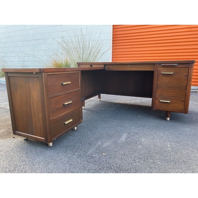 Mid-Century Modern Vintage L-Shape Wooden Desk