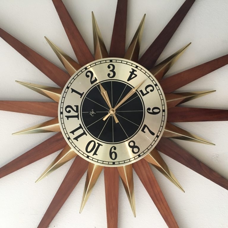 Mid Century Modern Walnut and Brass Starburst Clock