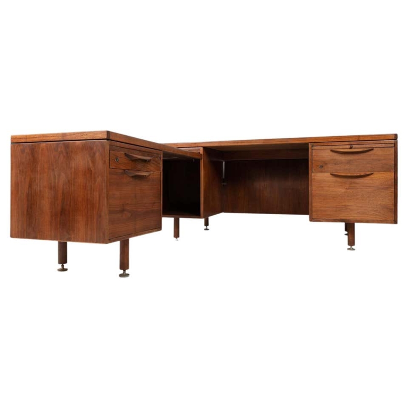 Mid-Century Modern Walnut L-Shaped Executive Desk