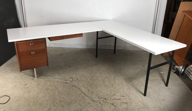 Mid-Century Modern White L-Shaped Desk with Wood Drawers