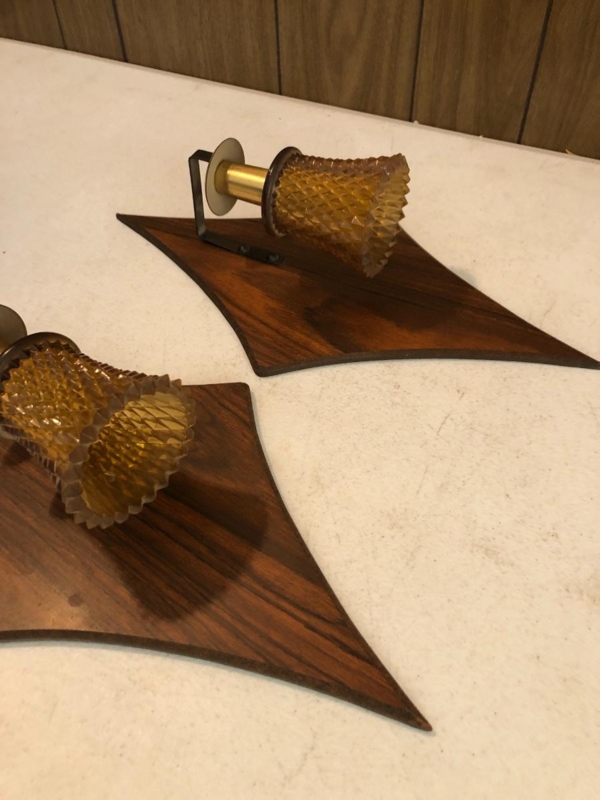 Mid-Century Modern Wood and Amber Glass Wall Sconces