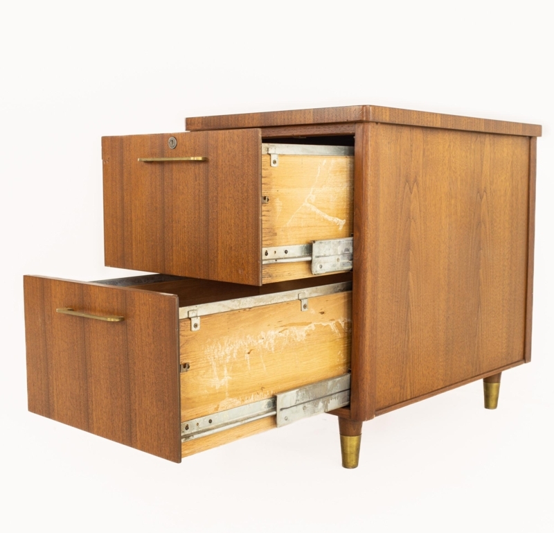 Mid Century Modern Wooden File Cabinet with Brass Accents