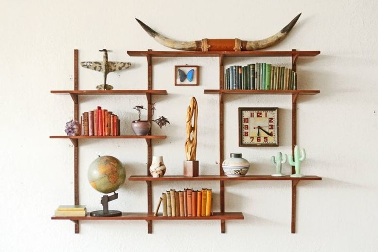 Mid Century Walnut Wall Shelving Unit with Decor