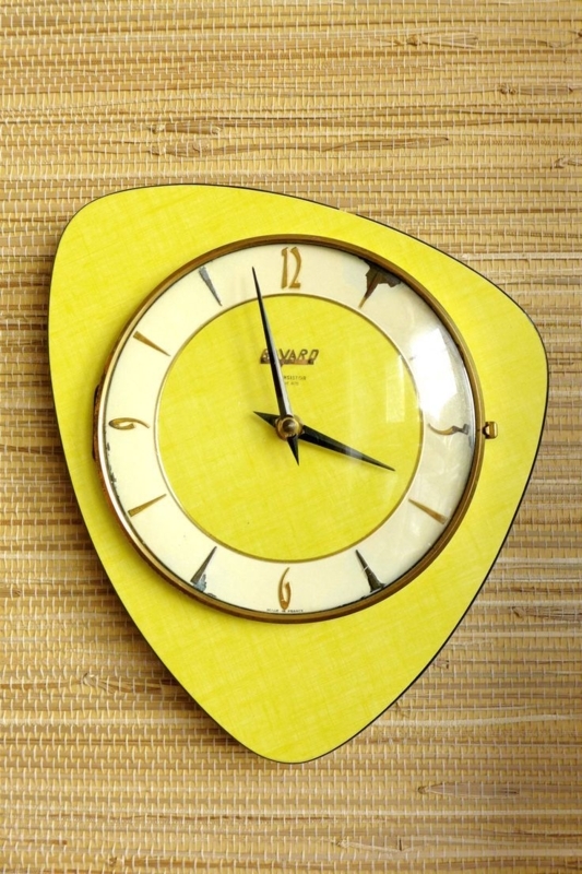 Mid Century Yellow Formica Wall Clock for Kitchen